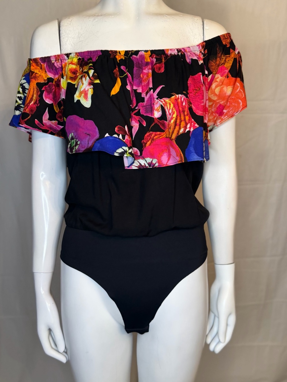 Desigual Black Off-Shoulder Bodysuit with Bright Floral Ruffle